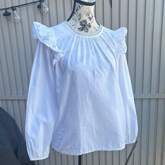 J.Crew White Lace Trim and Ruffle Shoulder Long Sleeve Blouse - Picture 1 of 13